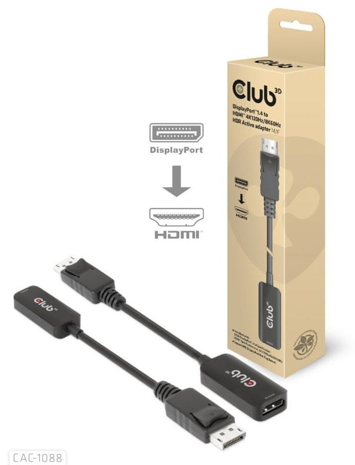 Club 3D Adaptér aktívny DisplayPort 1.4 na HDMI 4K 120Hz/8K 60Hz HDR (M/F), čierna (CAC-1088)